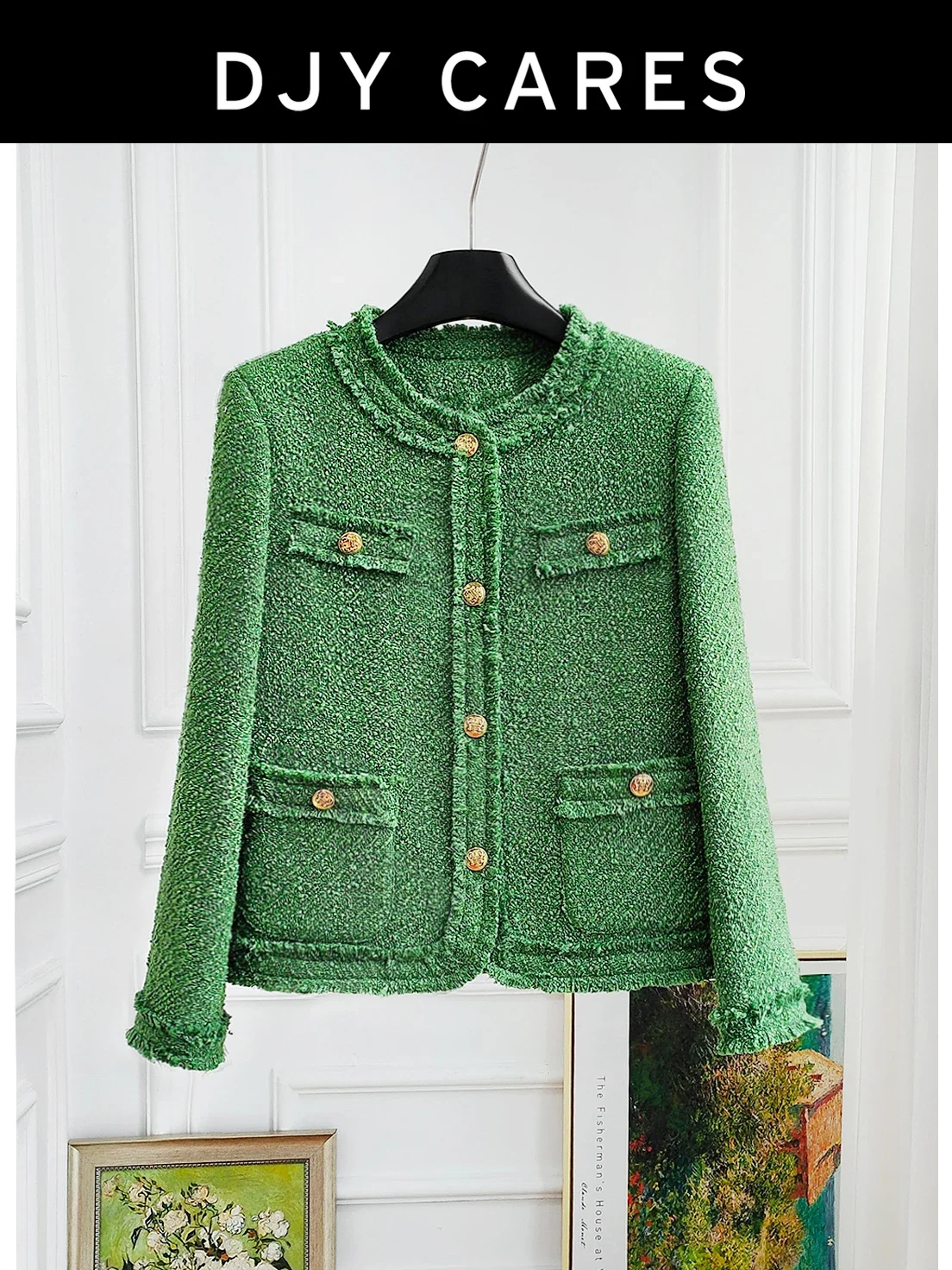

New Coarse tweed high-end green jacket, fashionable slimming short big size