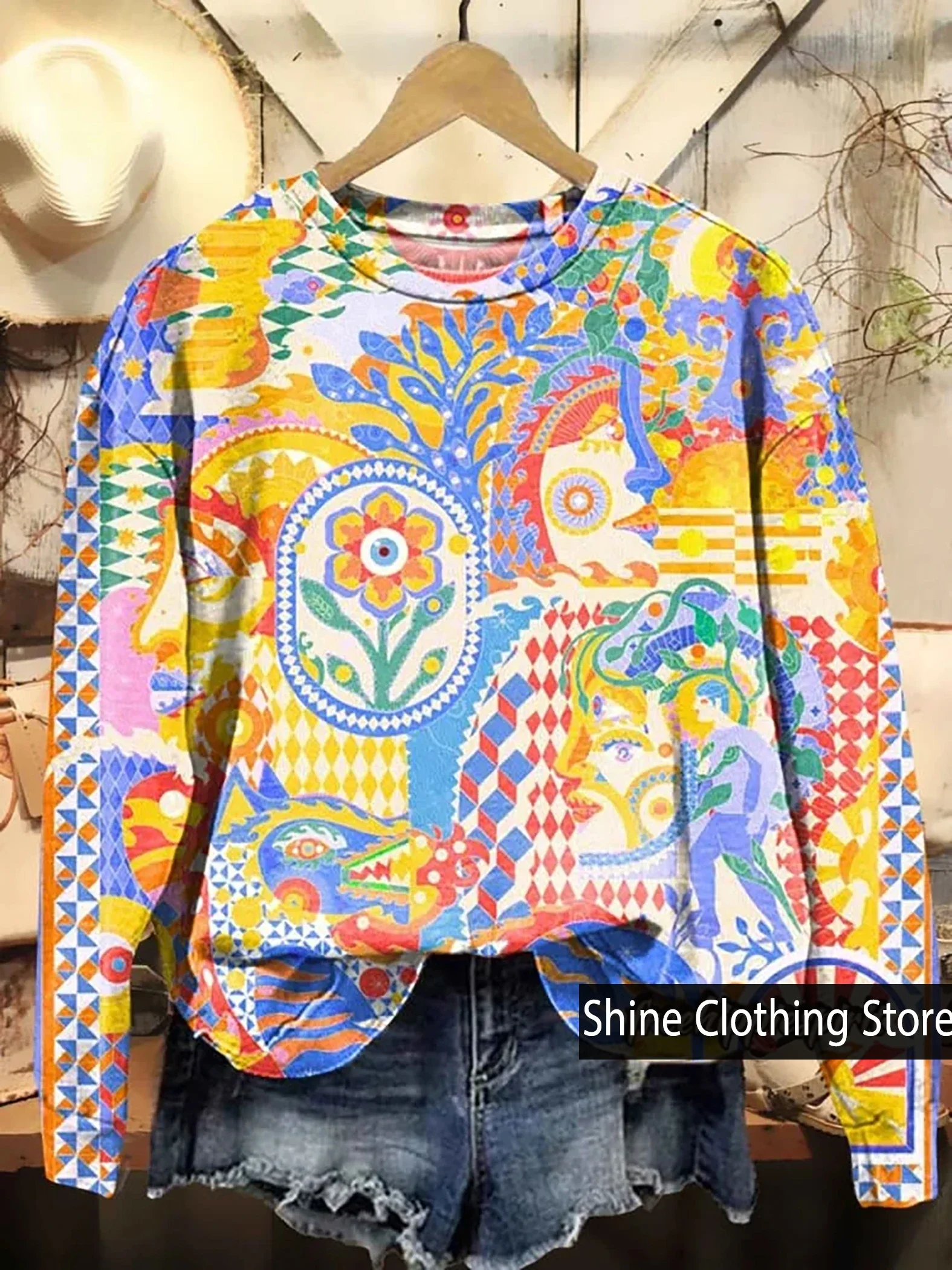 

Autumn New Design Women's Bohemian Graphic Art Print Casual Sweatshirt O-Neck Comfortable T-Shirt Size S To 5XL