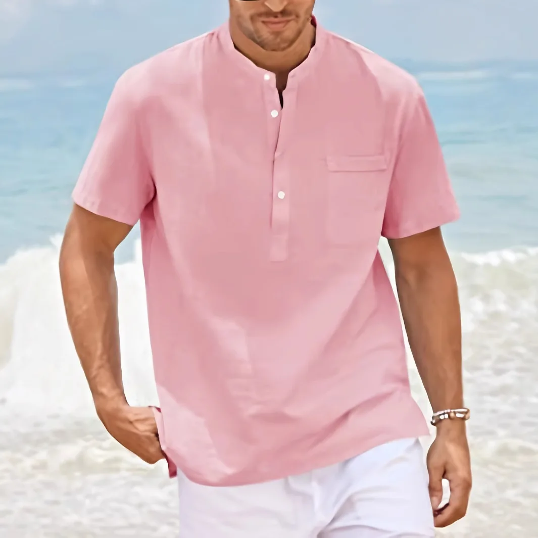 Men's Large Size  Color Stand Collar Short Sleeve Shirt Casual Lightweight Comfortable Fiber Blend Fabric Spring Summer