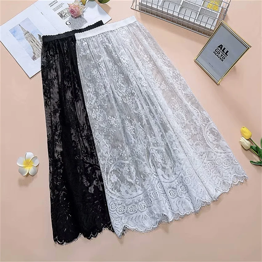 

Gowyimmes 2024 New Women All-Match Solid Lace Skirt Elegant Lady High Waist Mid-Long A- Line Skirts Girl Bottomings Fairy PD1729