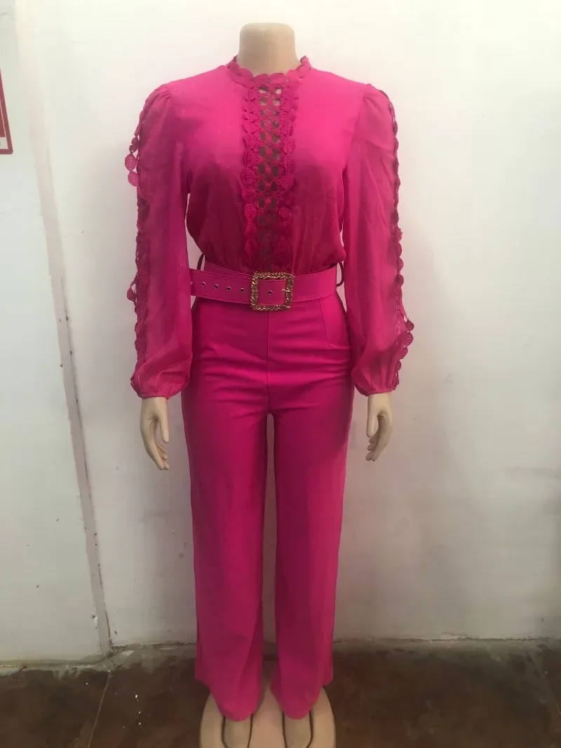 GUWU Tuta elegante patchwork in pizzo a maniche lunghe con lacci a gamba larga Autunno Inverno Tute da donna OL