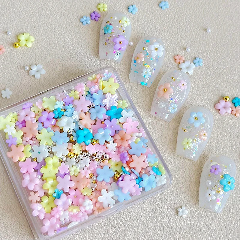 

250-300PCS 3D Acrylic Nail Art Five-petal Flower Charms With Metal Caviar Beads For Nails Decoration Accessories Supplies Tools
