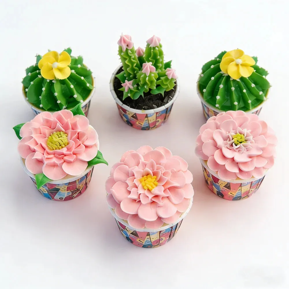 

Small Paper Cupcake Handmade Decorated Fine Icing Cactus Sunflower Rose Flower Strawberry Pink Green Cute Simulation Food Props