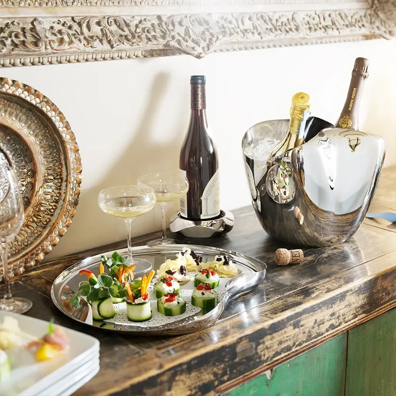 Luxury Stainless Steel Serving Tray Mirror Finish Wine Glass Holder Elegant Home Decor Hotel Restaurant Tableware