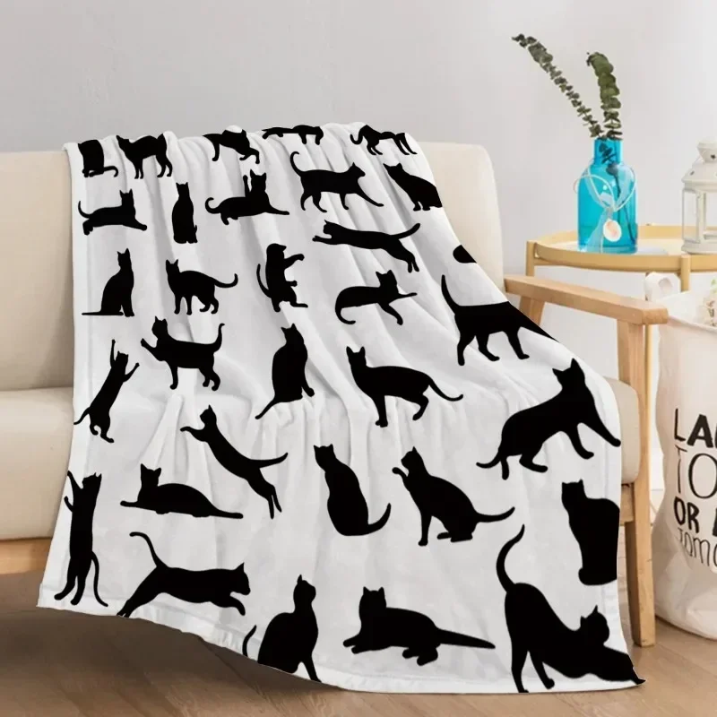 Cute Cat Fleece Throw Blanket Black Cat in Different Forms Blankets Cozy Blanket for Couch Sofa Bed Living Room Home Bedding