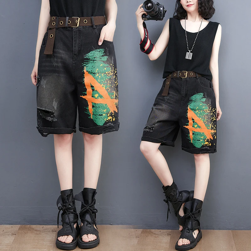 European station summer new oversized fashionable workwear denim shorts loose personalized print straight leg pants