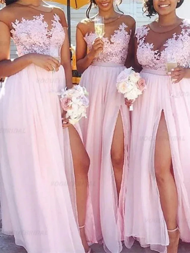 

ANGELSBRIDEP A-Line Chiffon Lace Split Scoop Long Bridesmaid Dress Pink Sleeveless Elegant Floor Length Front Vestidos De Gala