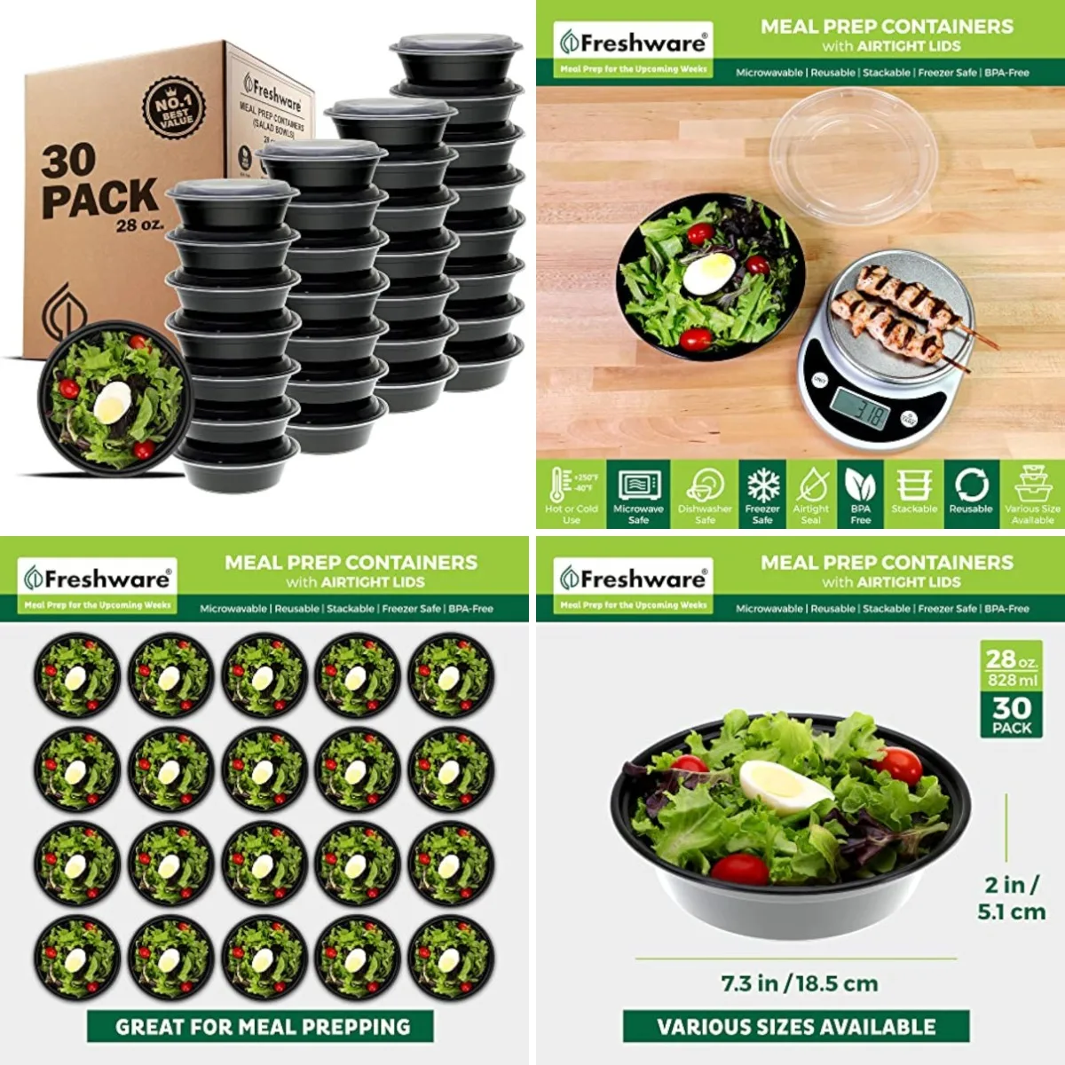 Meal Prep Bowl Containers [30 Pack] Plastic Bowls with Lids for Soup and Salad, Food Storage Bento Box, BPA Free, Stackable, Lun