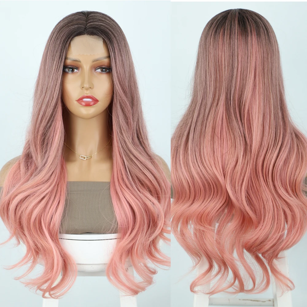 

Pink Wigs for Women Synthetic Curly Long Wavy Wigs Lace Colored Ombre Black to Pink Wigs Cosplay Halloween Party Daily 26Inch