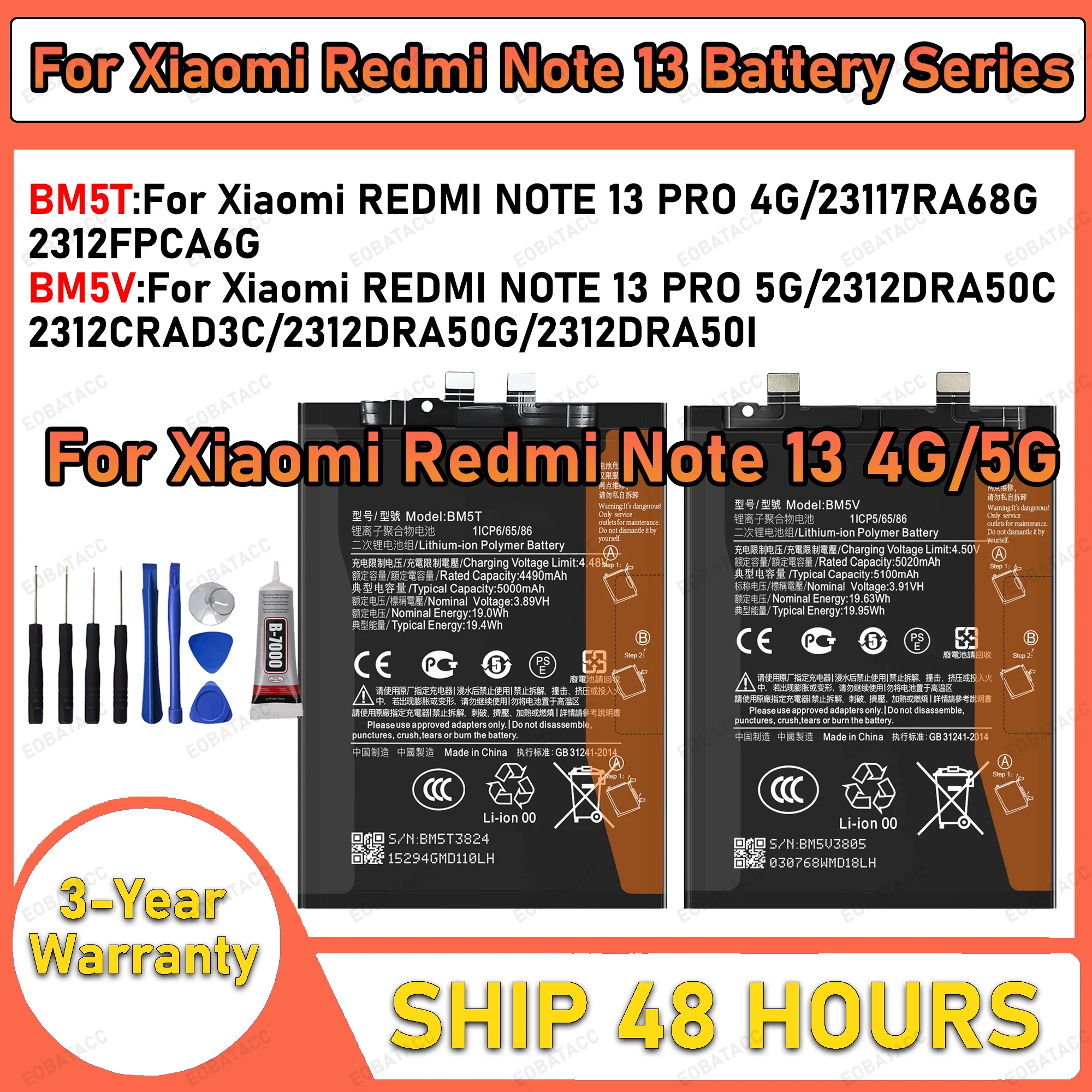 100% New High Capacity BM5T BM5V Battery For Xiaomi Redmi Note 13 PRO 4G / NOTE 13 PRO 5G/23117RA68G/2312DRA50C batteries +Free