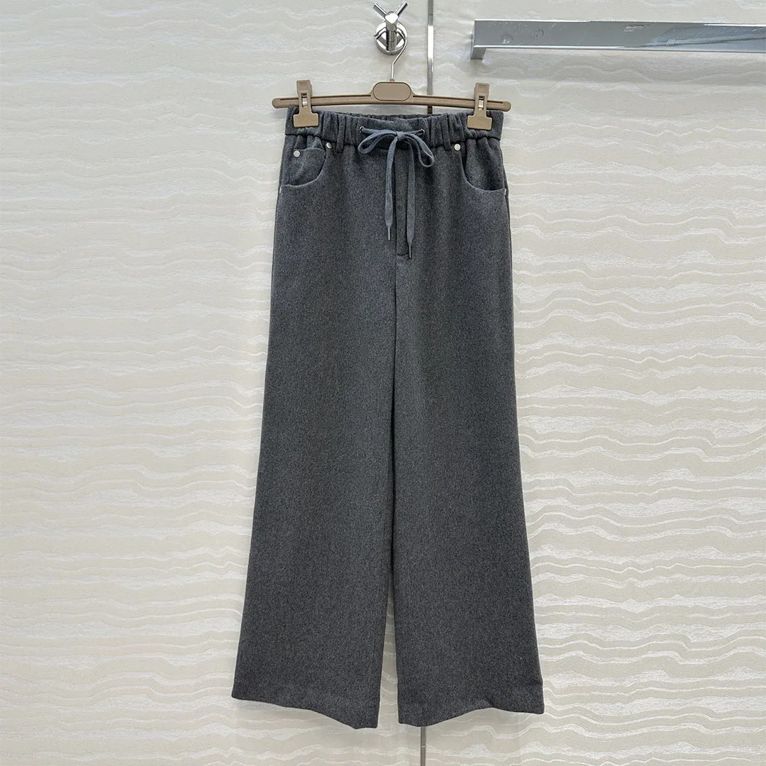 

Old Money Style Autumn Winter Loose Wool Blends Wide Leg Pants Women Elastic High Waist Drawstring Solid Color Casual Trousers
