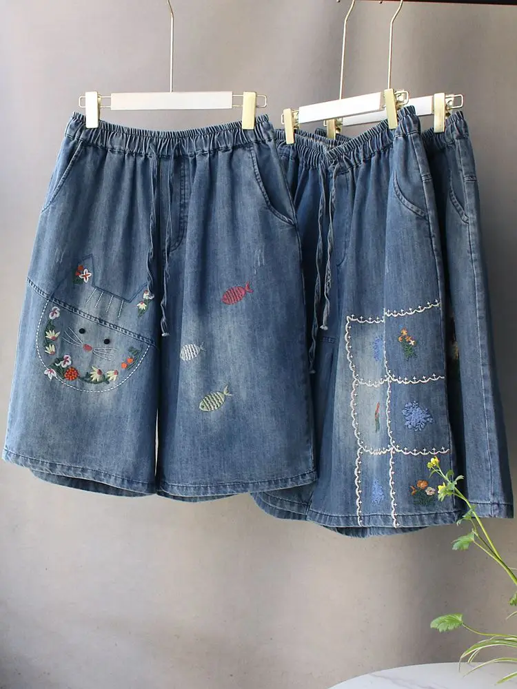 

Летние большие джинсовые брюки средней длины с эластичной резинкой на талии и вышивкой кролика, женские утягивающие широкие брюки и длинные брюки