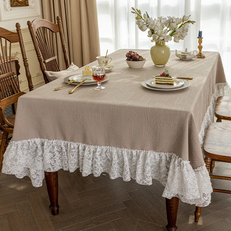 Pink Tablecloth Fabric Home Diningroom Tablecloth Exquisite Solid Color White Lace Pleated Rectangular Coffeetable Cover Cloth
