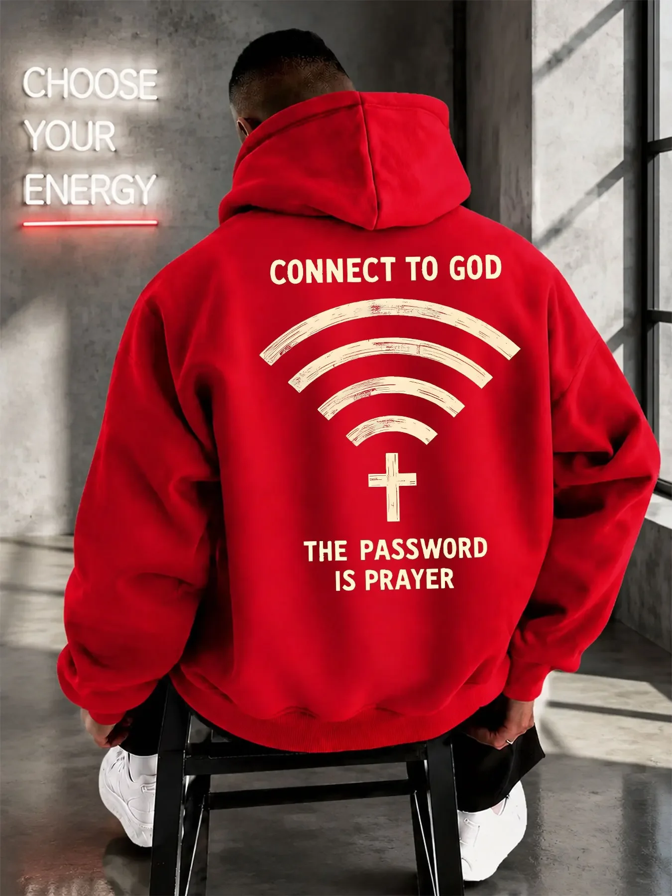 Men Y2K Faith Humor Graphic Hoodie Creative Wifi Cross Theme Urban Hip Hop Streetwear Loose Autumn Winter Fleece Lined Pullover