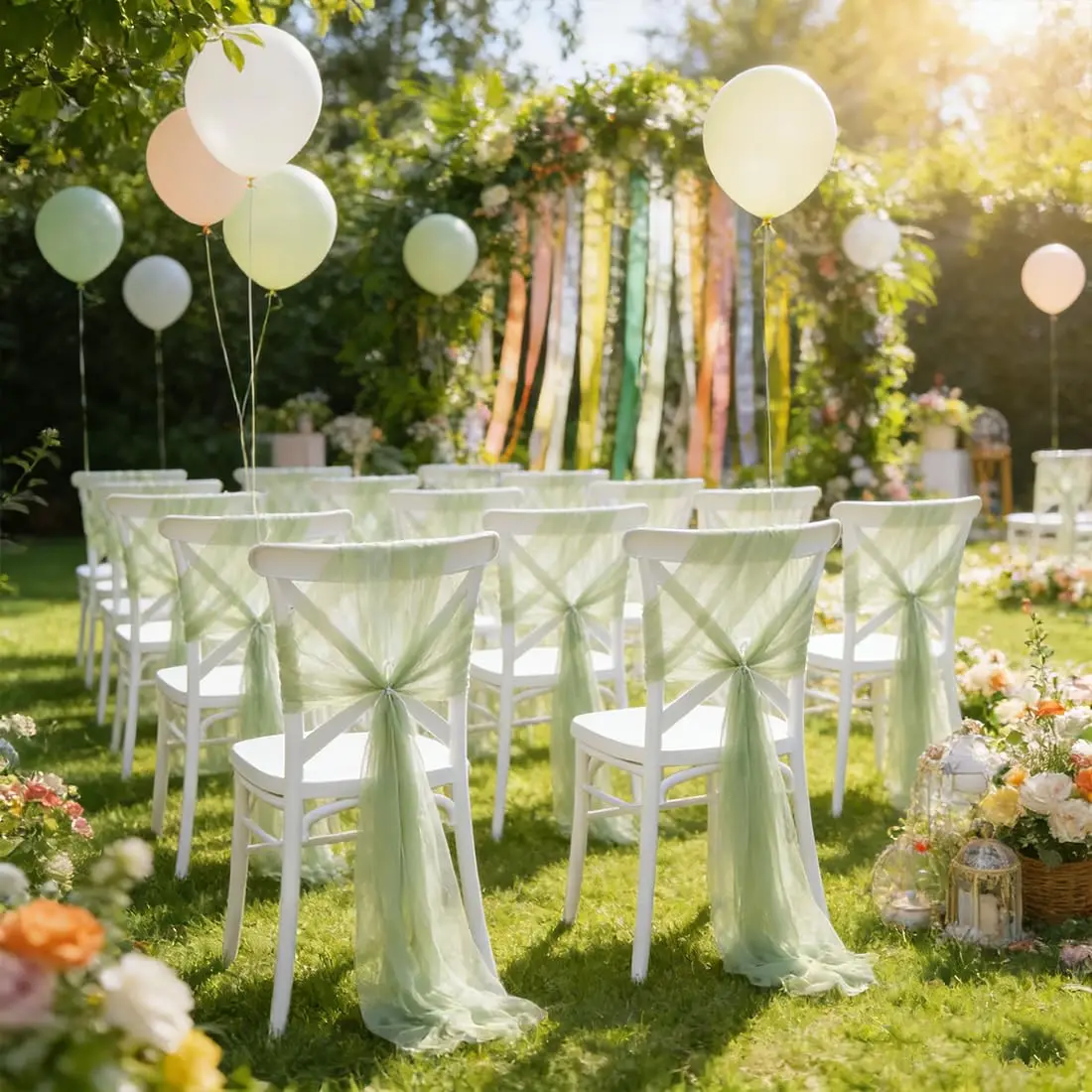 12pcs Green Wedding Chair Sash Chiffon Tulle Bow For Chair Covers Bridal Party Hotel Wedding Banquet Reception Decoration