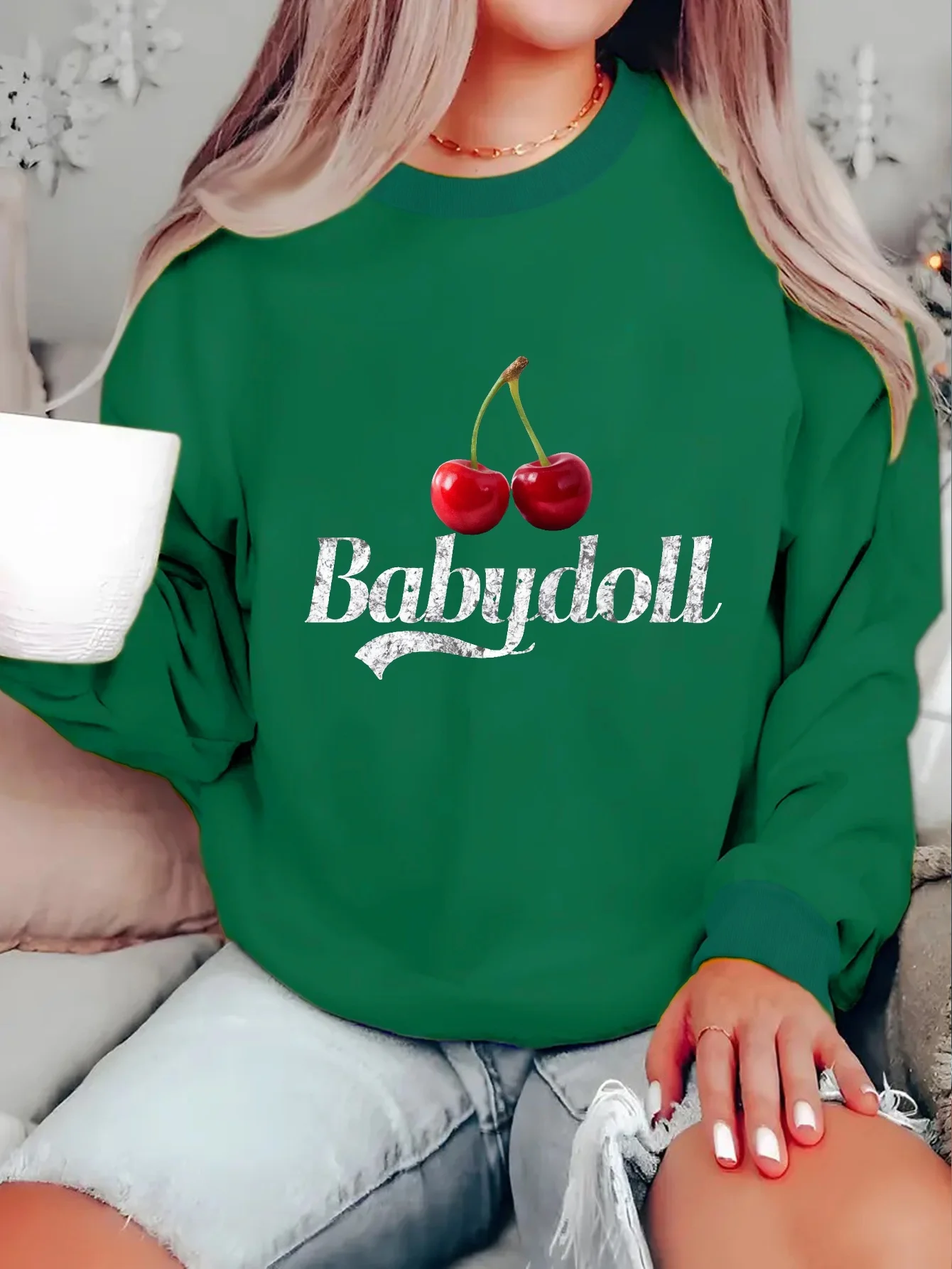Women's Plus Size Black Casual Sweatshirt - Red Cherries & Babydoll Graphic Print, Long Sleeve Round Neck, Machine Washable