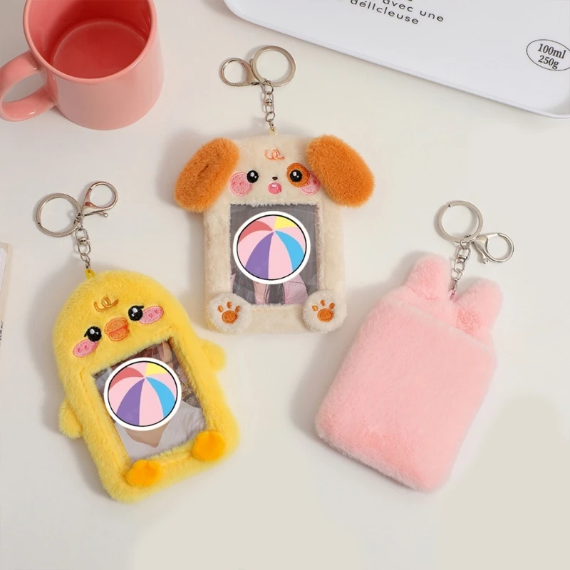 New Kawaii Cartoon Photo Card Holder Key Chain Soft Plush Bunny 3 Inch K-pop Selfie Photo Key Rings DIY Keychain Bag Pendant