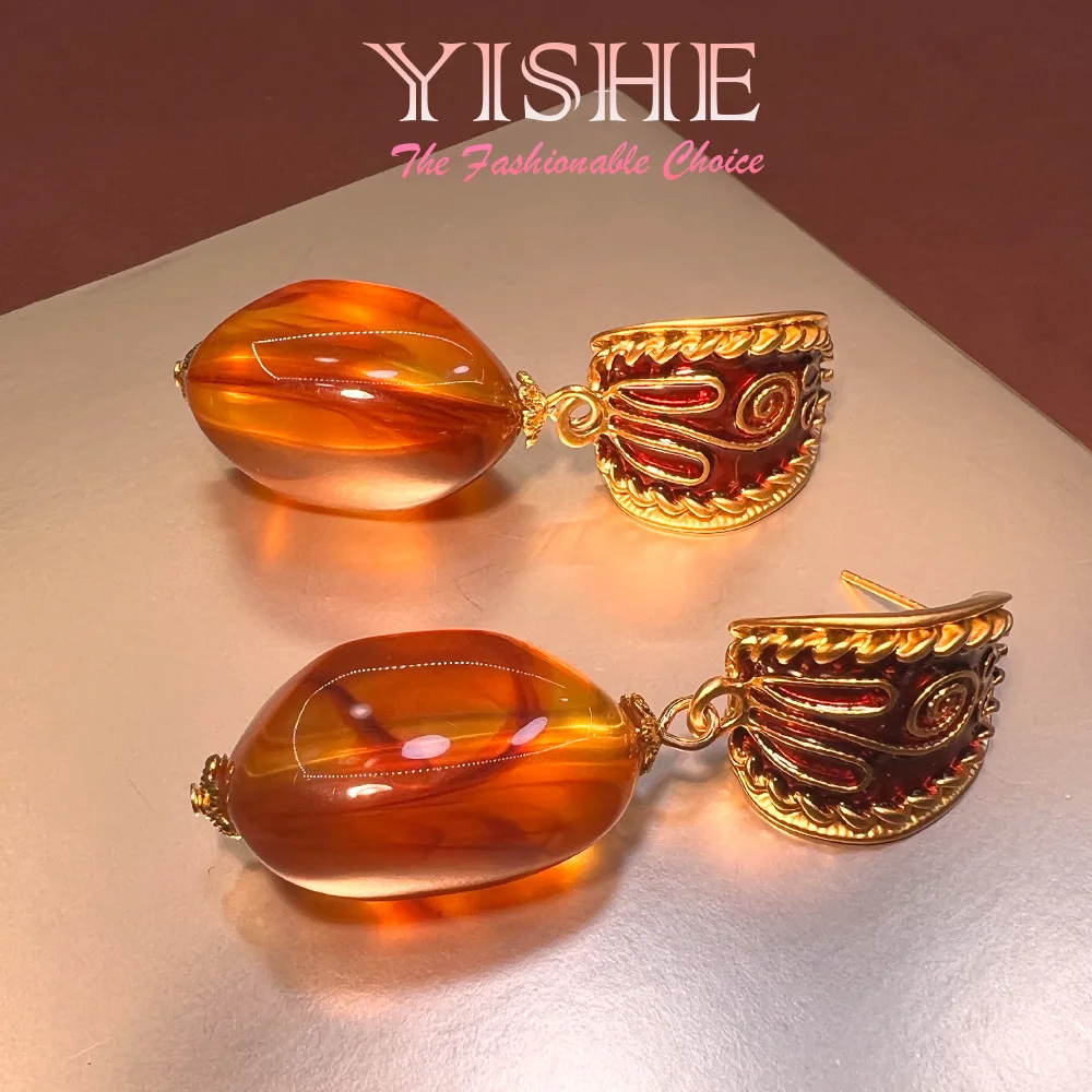 New Chinese amber glass earrings vintage court style elegant S925 silver plated real gold high sense earrings batch
