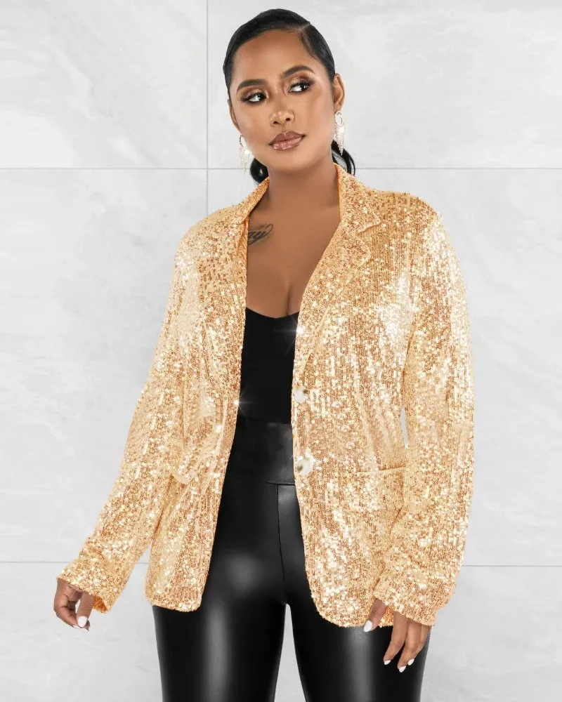 

Women Casual Sequins Blazer Top Fashion Turn Down Collar Long Sleeve Single Breasted Slim Club Party Coat Sparkling Y2K Jackets