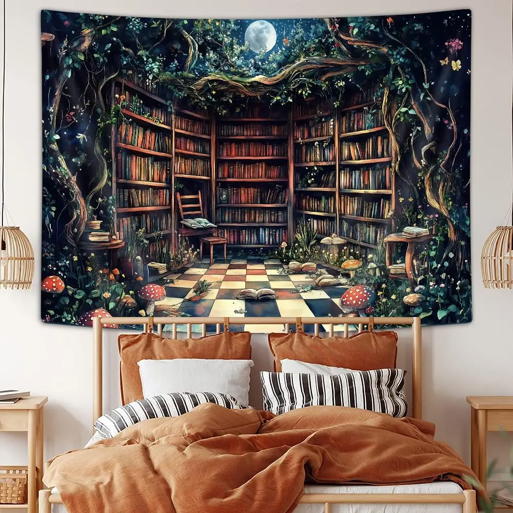 Magical Forest Tapestry, Fairytale Tree Magic Bookshelf Aesthetic Tapestries for Classroom, Witchy Fairy Tree Mysterious Vintage - view 5