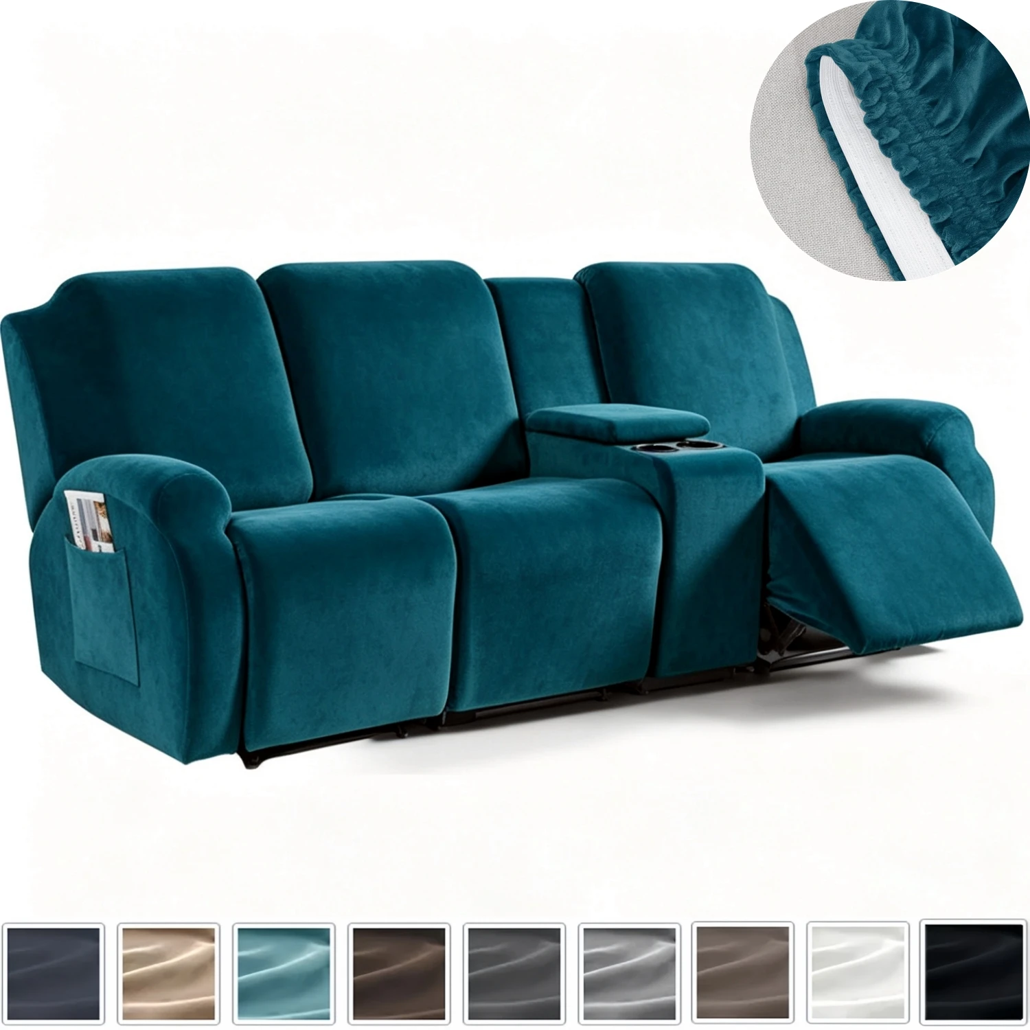3 Seater Sofa Recliner Cover with Center Console Non Slip Recliner Couch Cover with Storage Side Pocket