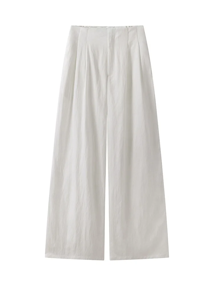 Authentic Early Autumn Casual High Waist Draped Pleated Straight Leg Pants Long Trousers Pure Color Comfortable Breathable
