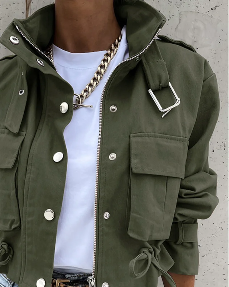 Women Stand Collar Cargo Jacket Multi Pocket Cropped Utility Jacket Drawstring Loose Jacket Green Autumn Street Outerwear