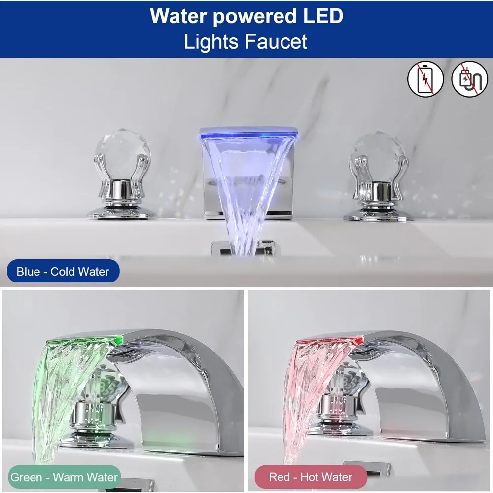 Keran Wastafel Kamar Mandi dengan Lampu LED, Fitur Air Terjun 3 Warna yang Berubah, dan Pegangan Kristal Ganda, Keran Mixer untuk 3 Lubang