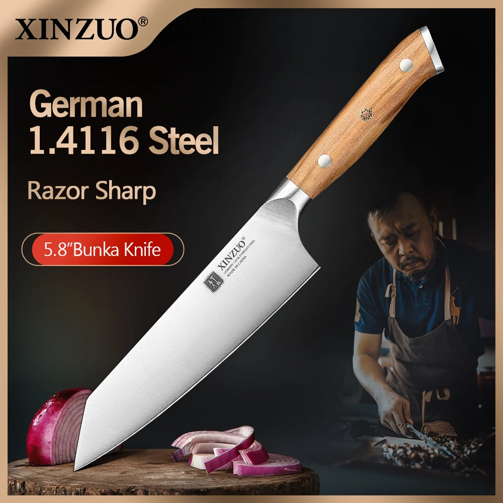 XINZUO 5.83 Inch Bunka Chef Knife German DIN 1.4116 Steel 56±2 HRC 15°±1 Edges Olive Wood Handle Copper Rivets with Gift Box