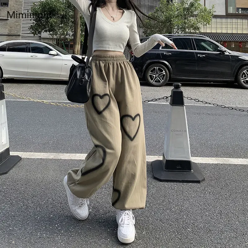 ผ้าฝ้ายเกาหลีStreetwear Hip Hop Heart Sweatpantsผู้หญิงOversizeหลวมสูงเอวBloomersแฟชั่นนักเรียนสบายๆY2kกางเกง
