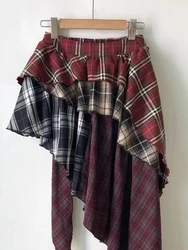 Streetwear Vintage High Waist A-line Skirts  All-match Clothing Irregular Patchwork Red Plaid Design Skirt Faldas 2024 summer