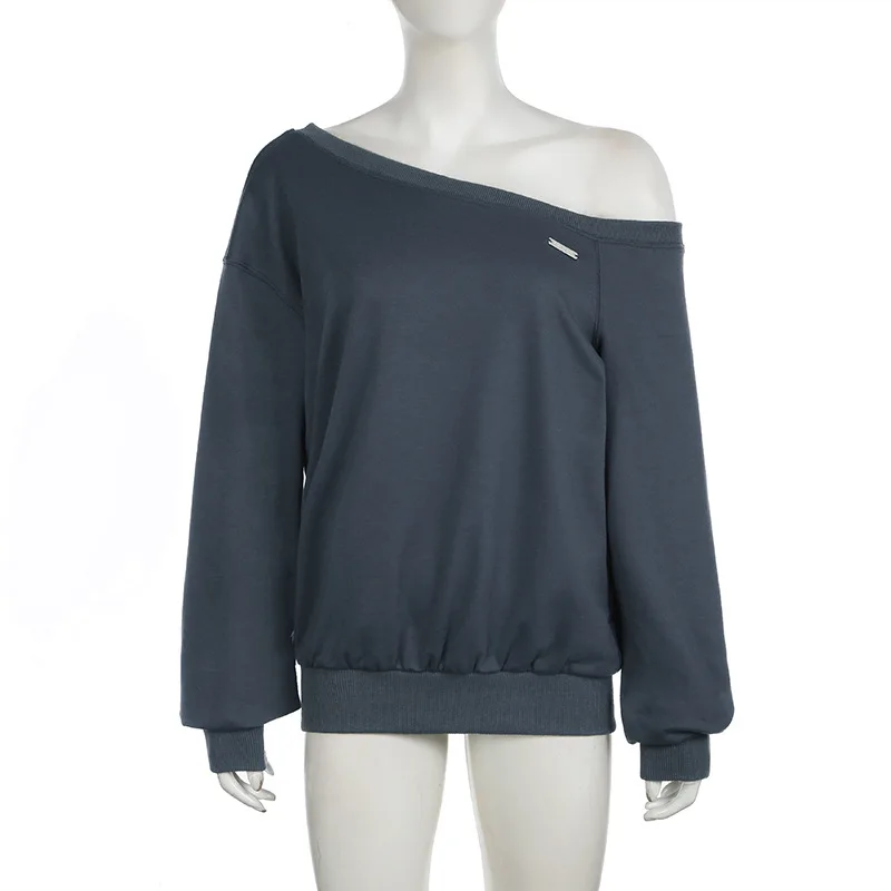 2025 Nieuwe Mode Vrouwen Sexy Off Schouder Sweatshirt Solid casual Een Schouder Losse Sweatshirt Asymmetrische schuine schouder Top