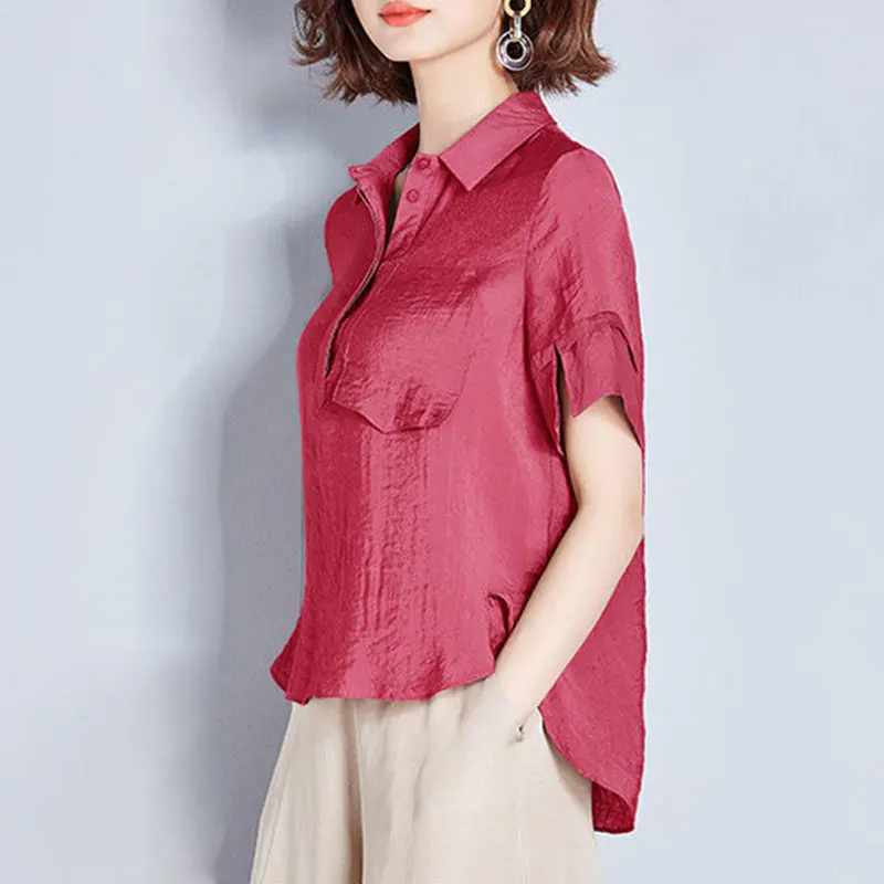 

2023 Commute Solid Color Shirt Summer Stylish Patchwork Female Clothing Polo-Neck Casual Short Sleeve Korean Asymmetrical Blouse