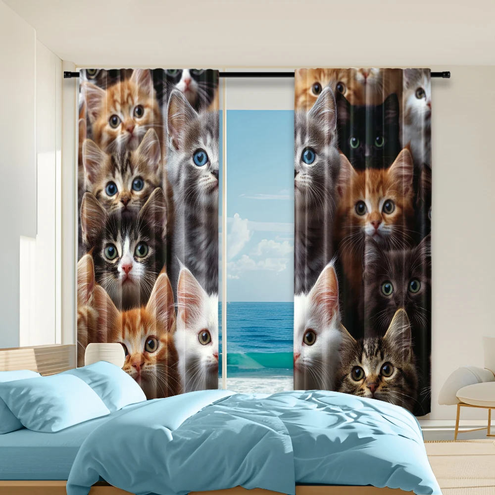 2 pcs, versatile polyester transparent curtains for home decoration Cute Cats for use in bedrooms and living rooms