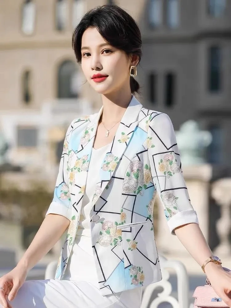 2025 New Women Large Size Suit Jacket Spring Summer Female Women Blazer Sleeve Three-quarter Sleeve Printed Suit For Women