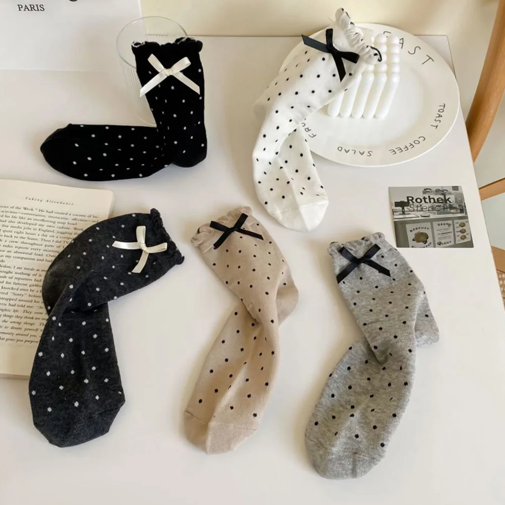 Kawaii Dot Home Office Lolita Socks Women Fashion Bow Long Socks Cute Sweet Autumn Winter Streetwear Femme Sokken Middle Tube