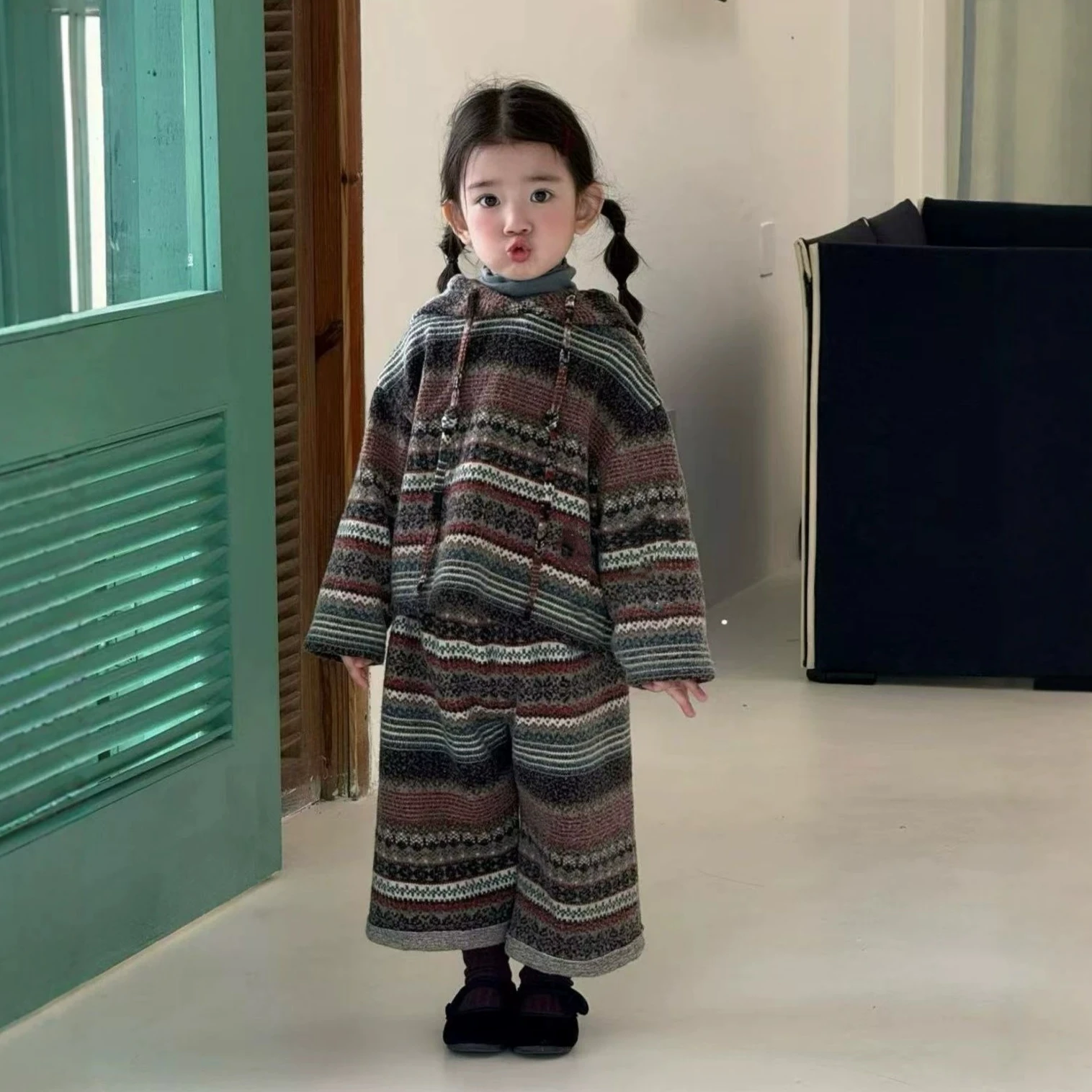 2026 Autumn Winter New Girls Sets Striped Hooded Two Piece Outfit, Bohemian Style Non-knit Sweater + Pants Kids Suit