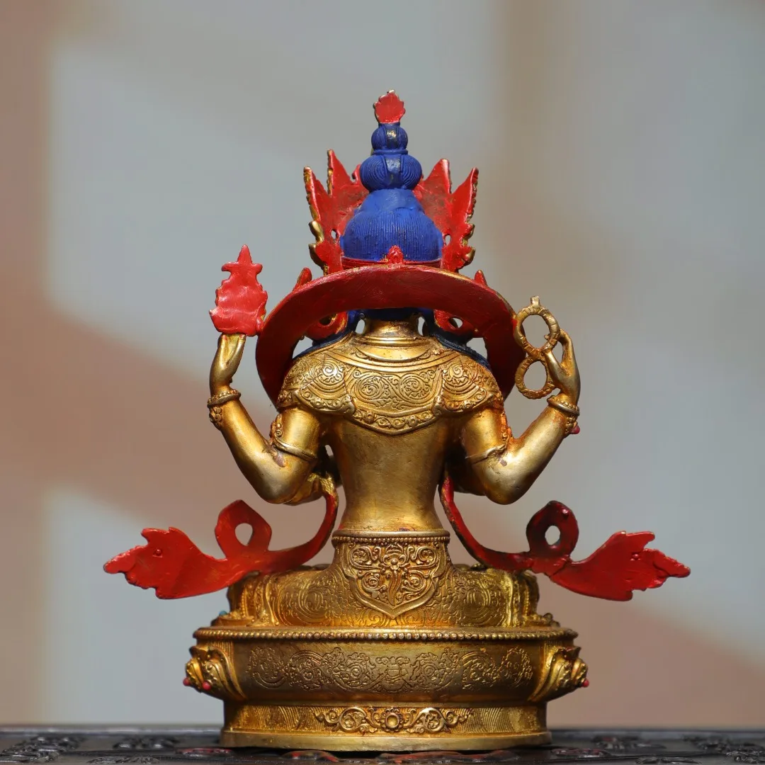 Old Bronze Gilded Painted Face Mosaic Gem Four armed Guanyin Sitting Buddha Amitabha Town house