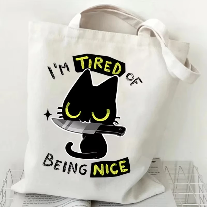 

Cute Lazy Black Cat Reusable Organizer Tote Bag Cute Animal Design Student Shoulder Bag Flower Cat Cartoon Tote Bag for Women