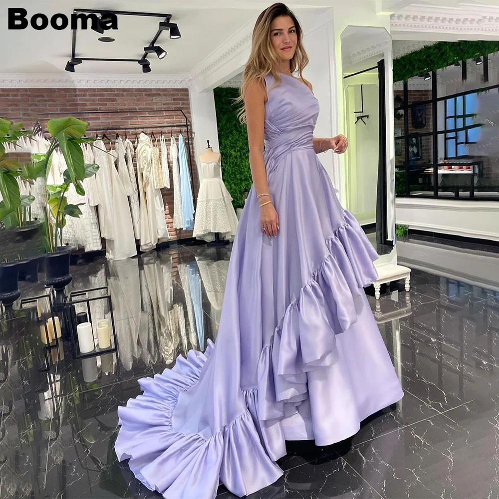 

Booma A-line Prom Dresses One Shoulder Ruched Sleeveless Homecoming Party Gowns for Women Evening Dresses with Train