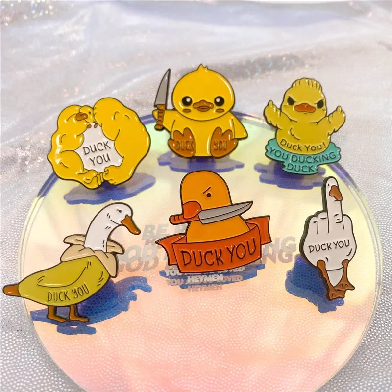 Cute Cartoon Small Yellow Duck Enamel Brooches Funny Knife Middle Finger Animal Lapel Badge Pins Jewelry Gifts For Women Girls