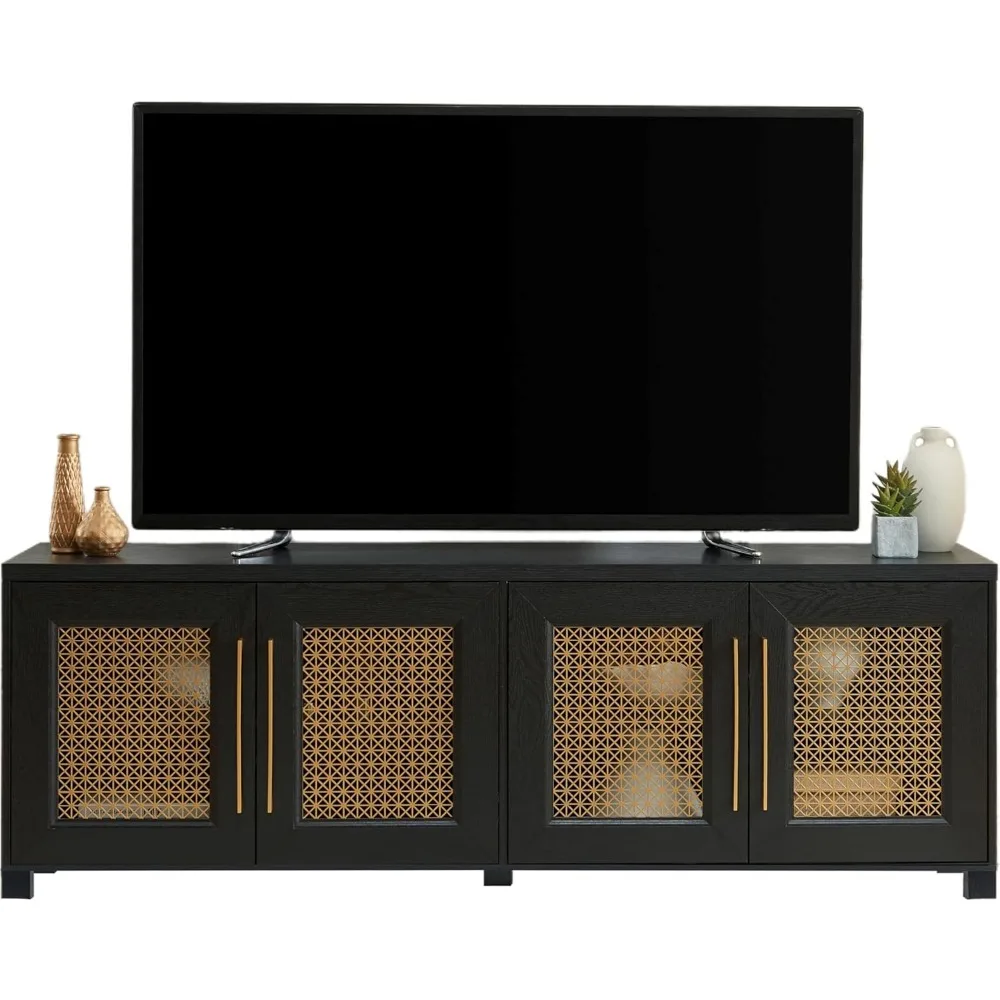 

Mid Century Modern TV Stand for TVs up to 75", with Gold Hollow Metal Mesh Decorated, Boho TV Console with Storage Cabinets, Bl