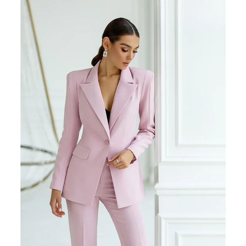 Women Suits Pink Slim Peak Lapel One Button Solid 2 Piece Fashion Prom Party Smart Casual Daily Elegant Female Pants Sets