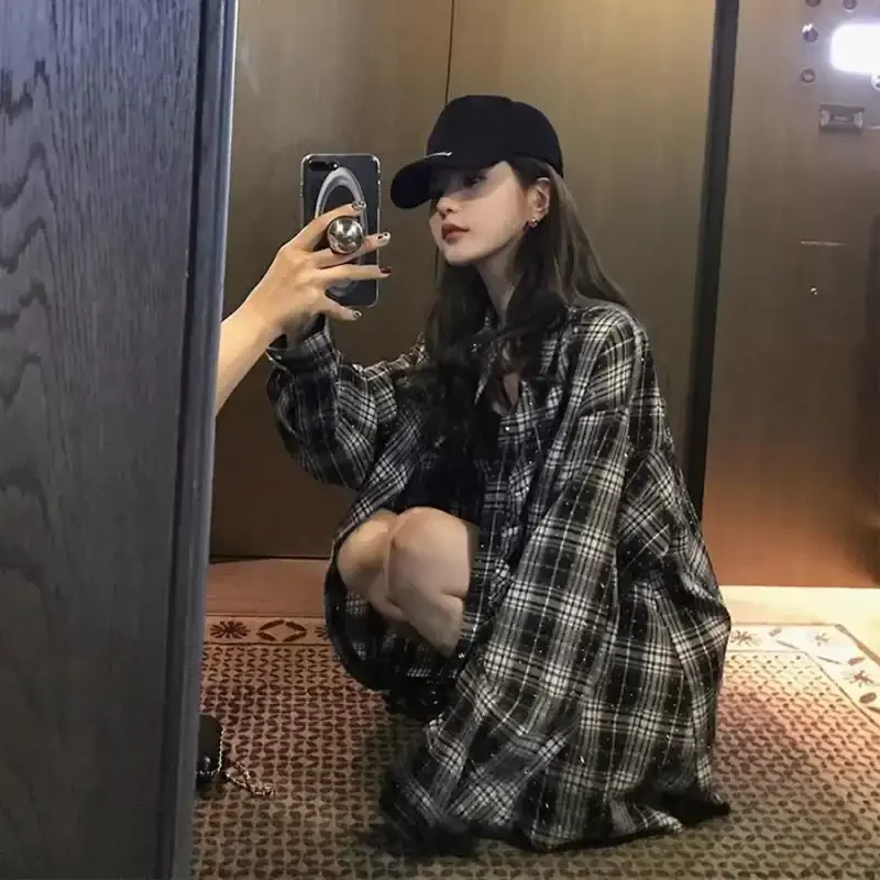 

Women's Spring Autumn New Heavy Rhinestone Sparkle Plaid Blouse Casual Loose Lazy Style Shirt Coat
