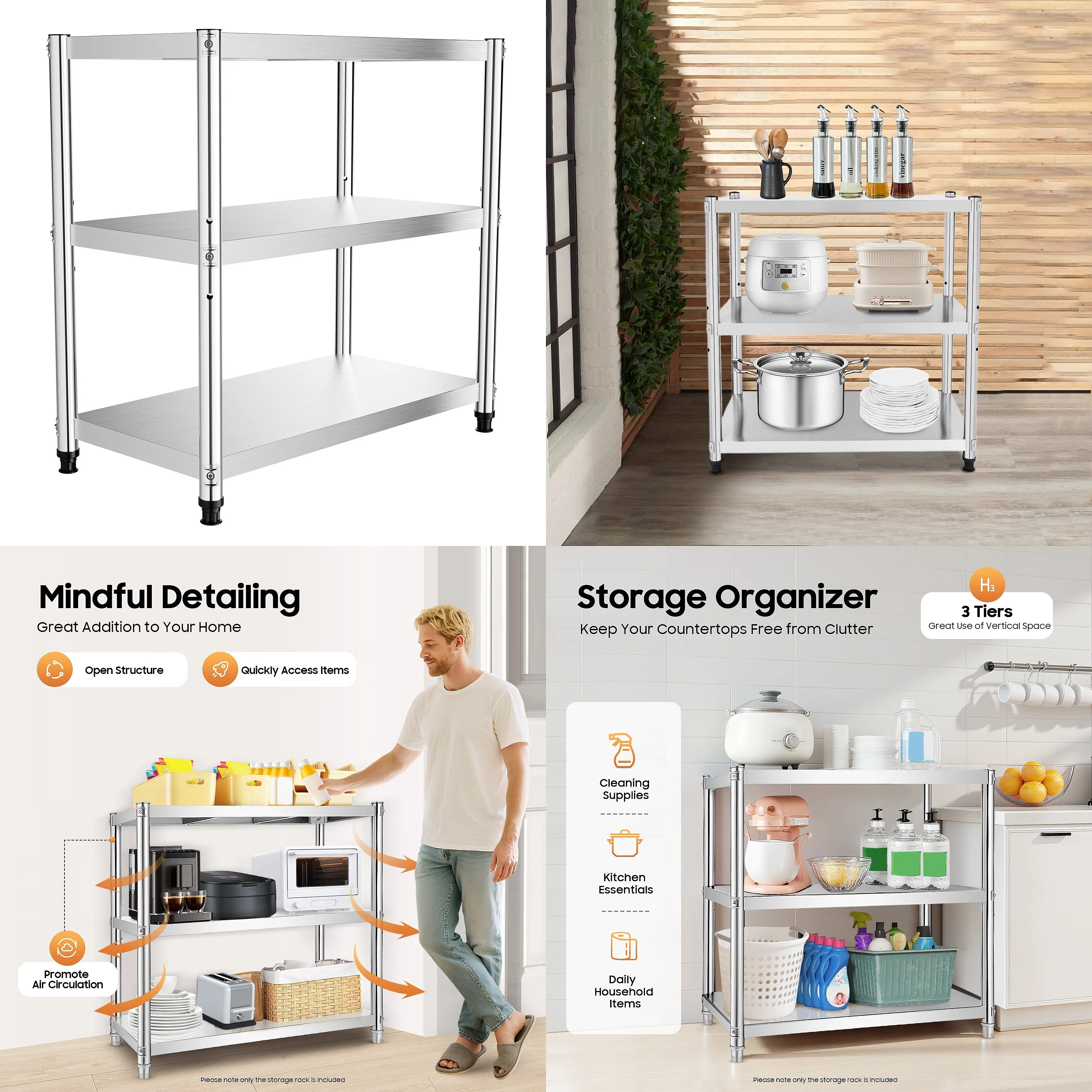 Commercial Kitchen Microwave - 3 Tiers Stainless Steel Kitchen Shelf
