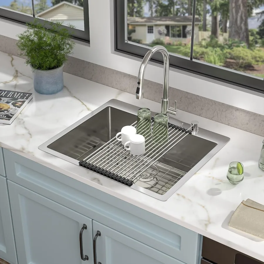 حوض مطبخ مقاس 25 بوصة × 22 بوصة لغرف أدوات الغسيل RV - سطح متين بمقياس 16 304 من الفولاذ المقاوم للصدأ