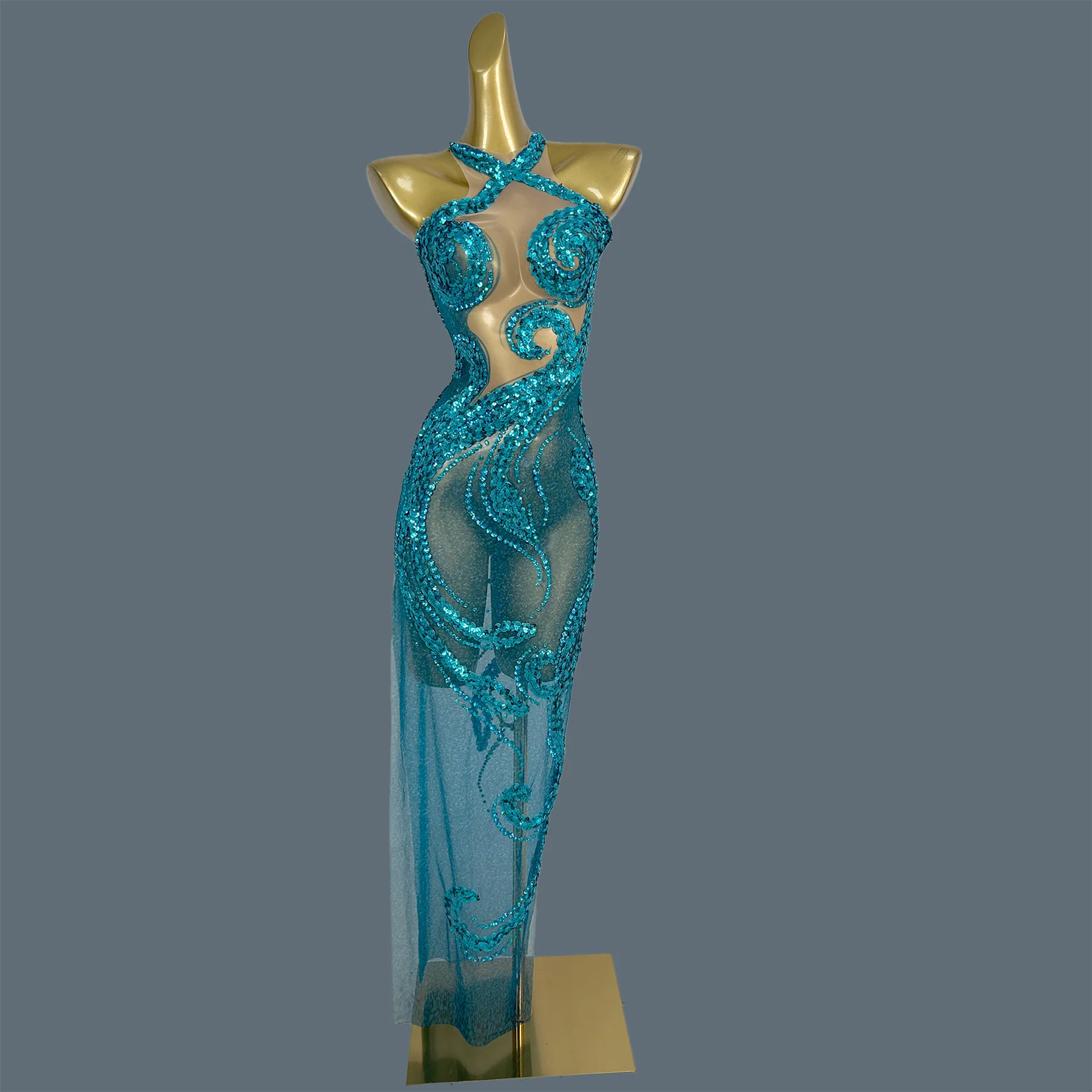 

Синее длинное платье без рукавов с блестящими пайетками, элегантное женское платье с высокими боковыми разрезами, танцевальная одежда для выступлений на сцене, сексуальный наряд с кристаллами Botao