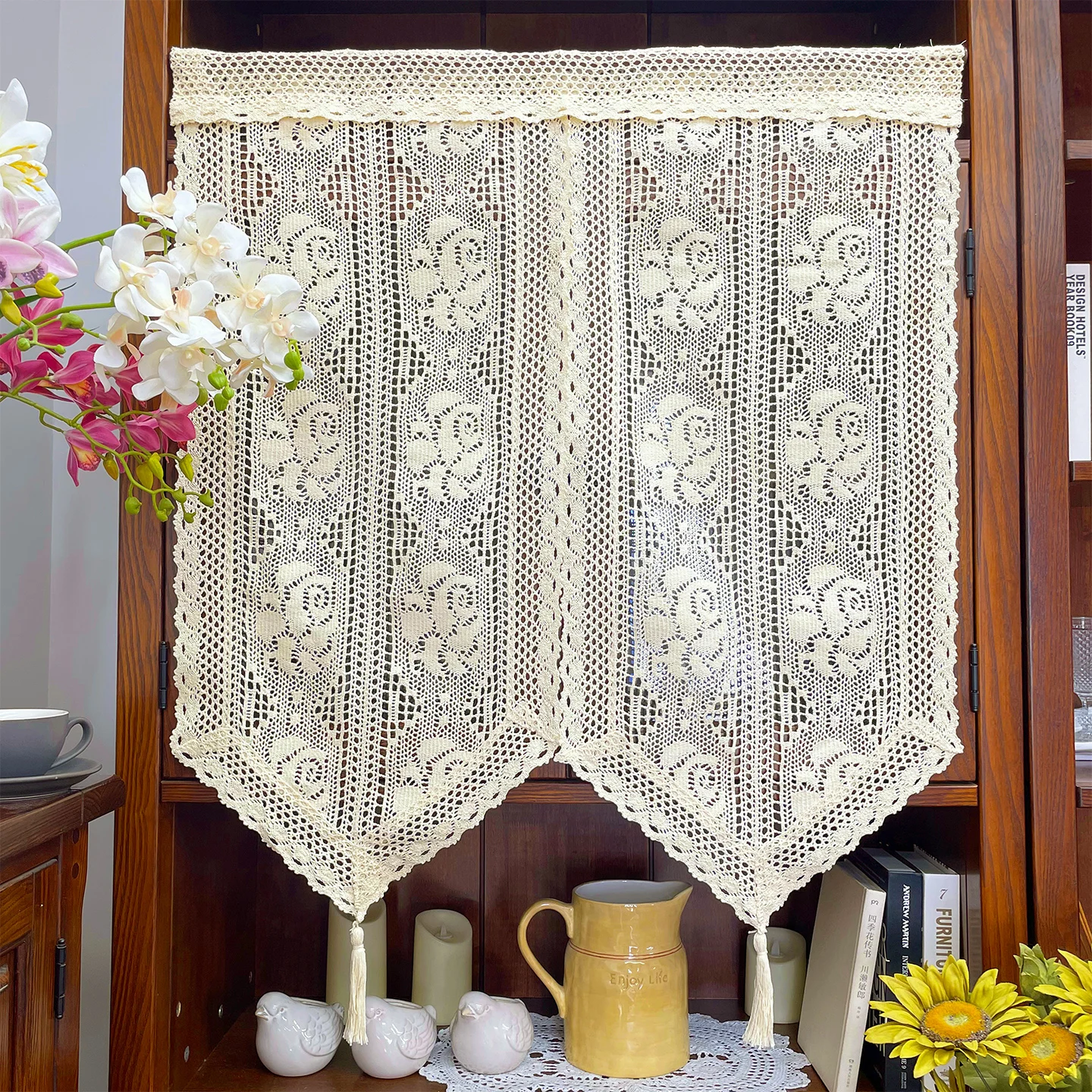 Beige Crochet Rose Door Curtain,No Drill Poly Cotton Room Divider, High Density,Vintage/Rustic Home Decor,Soft Light Curtains