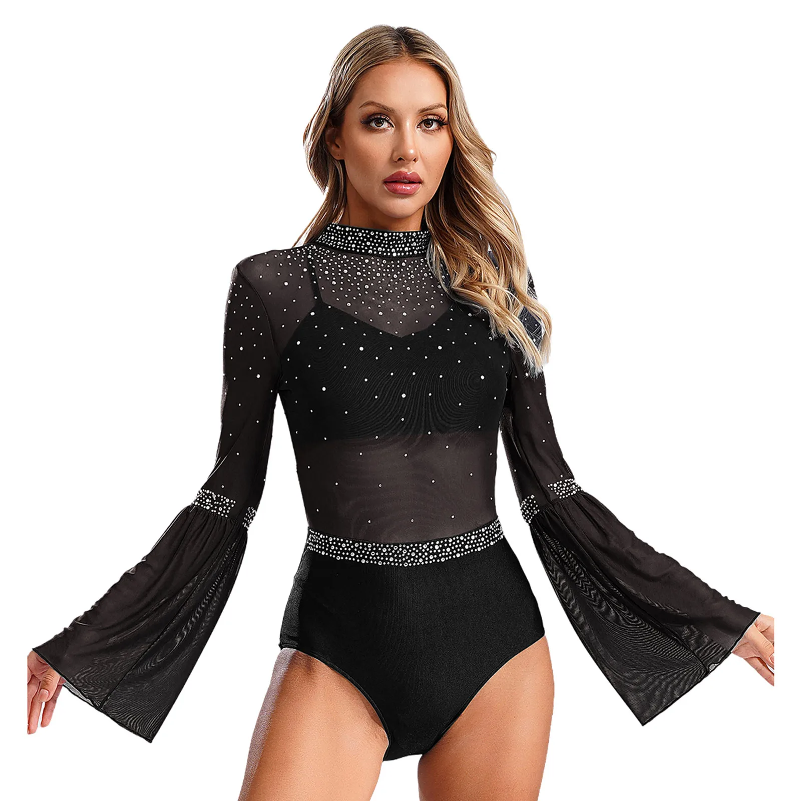 See Through Performance Bodysuits Women Gymnastics Figure Skating Ballet Dancing Leotard Flare Sleeve Backless Dance Costumes