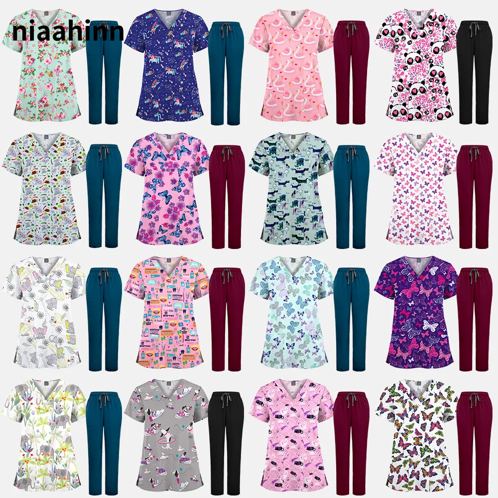 מחיר הסיטונאי מודפס רופא אחות חליפות מדים רפואיים נשים ערכות אחות אביזרים אחות